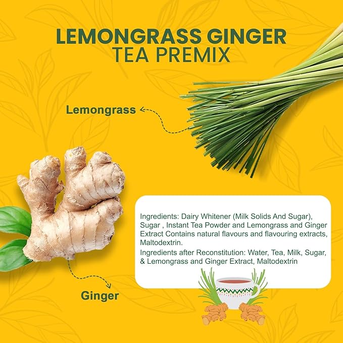INDICUP Instant Chai Tea Latte Lemongrass Ginger Premix | True Indian Taste Tea Powder | Ready Mix Tea | 10 Single Serve Sachets | 220g (7.76 Ounce)