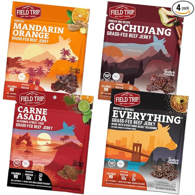 Field Trip Grass Fed Beef Jerky Variety Pack, Healthy Gluten Free Snacks, All Natural, Paleo-Friendly Meat Snacks with No Nitrates, Low Carb, High Protein Snacks, 2.2oz Bag, 4 Pack