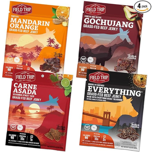 Field Trip Grass Fed Beef Jerky Variety Pack, Healthy Gluten Free Snacks, All Natural, Paleo-Friendly Meat Snacks with No Nitrates, Low Carb, High Protein Snacks, 2.2oz Bag, 4 Pack