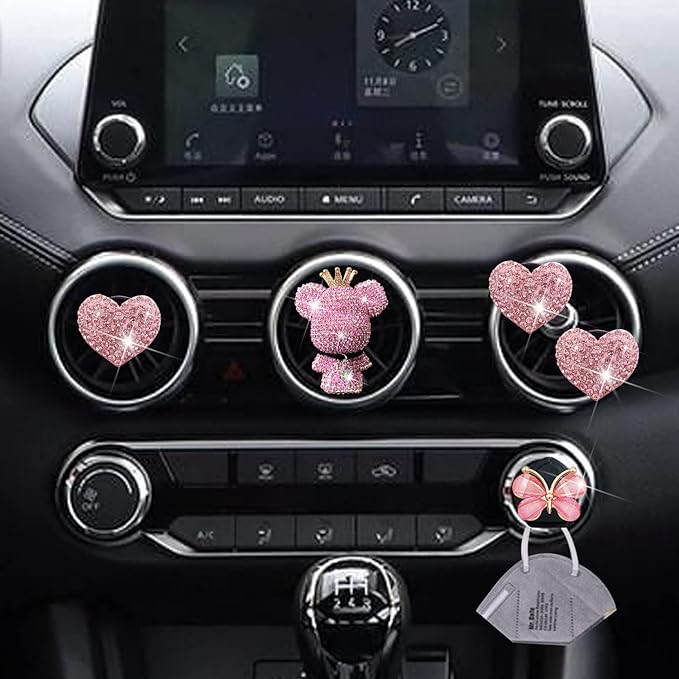 Heart & Bear 4 Pcs Bling Heart Air Vent Clips - Diamond Car Diffuser & Interior Decor Charm - Cute Car Accessories & Decoration for Women + Cute Butterfly Mask Hook (Pink, 1)