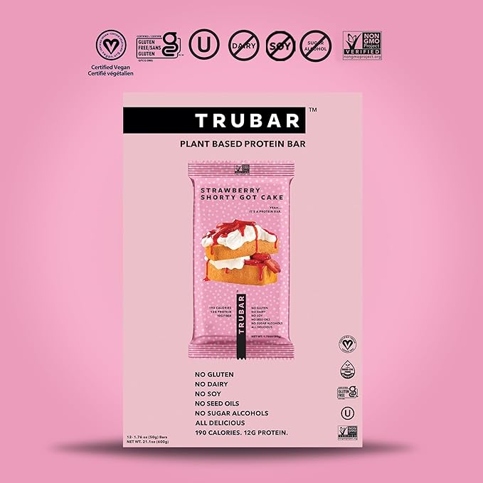 TRUBAR Vegan Protein Bar, Strawberry Shorty Got Cake, Gluten Free, Plant Based Protein, Dairy Free, Non GMO, Soy Free, No Sugar Alcohols, 12G Protein, 12G Fiber, 23G Carb, On the Go Snack Bars, 12 CT