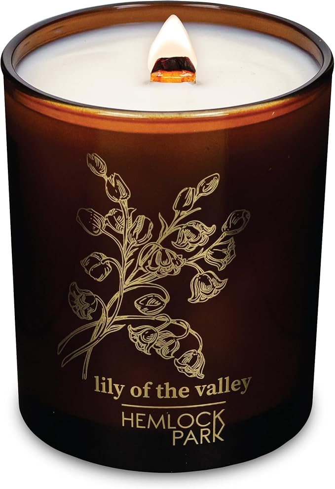 Hemlock Park Wood Wick Candle Handcrafted with Natural Coconut Wax and Essential Oils (Amber & Gold 7.2 oz, Lily of The Valley)