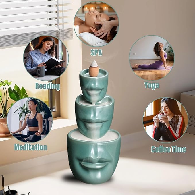 Comeon Backflow Incense Burner Holder, Face Handicraft Decor, Resin Reverse Flow Incense Burner Censer Cone + 20 Backflow Incense Cones 30 Incense Sticks 1 Tweezer 1 Mat (Matte Green)