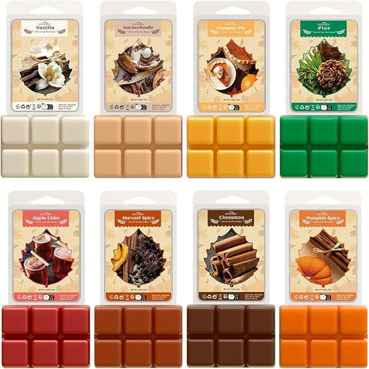 Fall Wax Melts, 8 Pack Scented Wax Cubes, Soy Wax Cubes Strong Autumn Scent, Wax Melts Tarts for Warmer - Pumpkin Pie, Cinnamon, Harvest Spice, Apple Cider and More, Colored Wax Melt Gift Set
