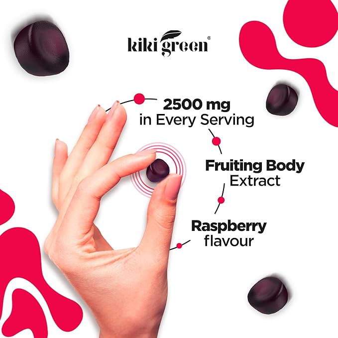 KIKI Green 12 Mushroom Supplement Gummies - Lion's Mane, Cordyceps, Chaga, Reishi, Turkey Tail & 7 More for Memory, Focus, Immunity - 60 Mushroom Gummies for Adults with Raspberry Flavor 10:1 Extract