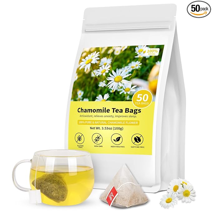 Chamomile Tea Bags, 100% Pure Natural Chamomile Flower Herbal Tea for Relaxation, Caffeine Free, Non-GMO, Additives Free,No Sugar/Gluten（1 Pack/50 Bags)