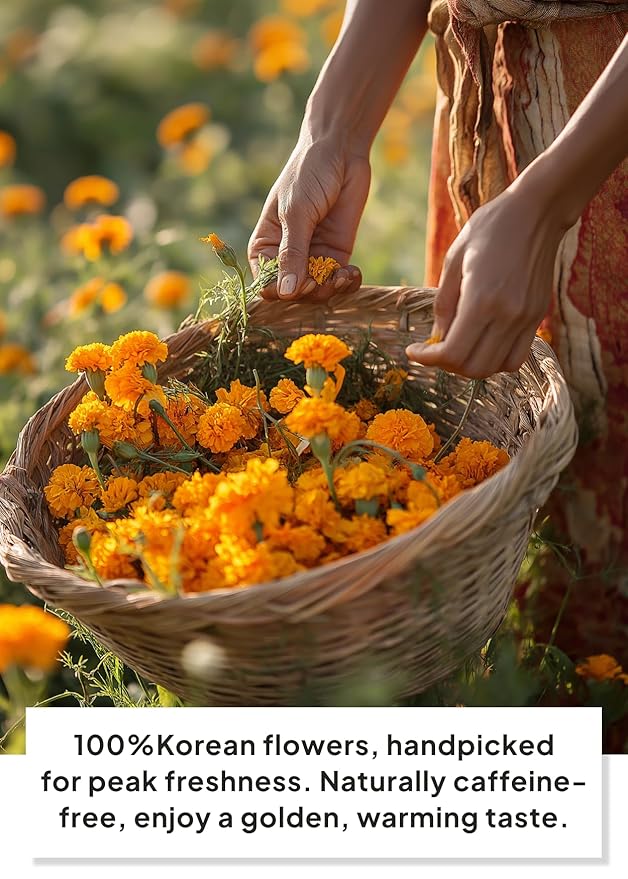 Korean Food, KKOKDAM Original Marigold Flower Tea, Decaf Floral Blend, Fully Natural Flowers, No Caffeine, Sugar Free, Zero Calories, Made in Korea,10g