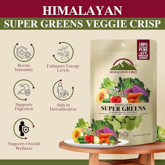 Himalayan Chef Superfood Veggie Crisp 30g each Freeze-Dried Super Greens Snack 30+ Organic Green Veggie Mix Protein-Rich, Nutrient-Packed, Gluten-Free
