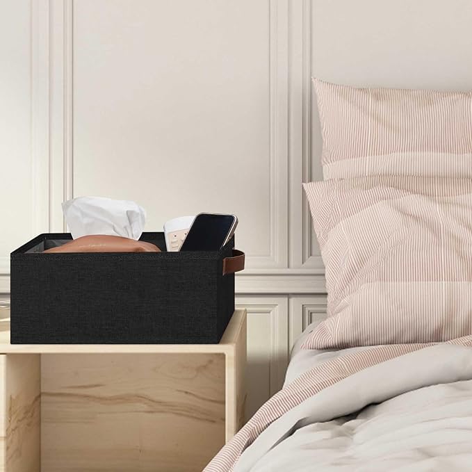 GhvyenntteS Small Fabric Storage Bins 12 Pack, 11.8" x 7.87" x 5.11" Storage Basket with Leather Handles, Closet Storage Bins for Shelves, Storage Baskets for Shelves, DVD Storage (Black)