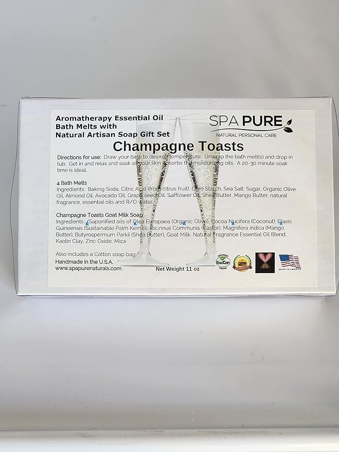 Spa Pure Aromatherapy Gift Set - Champagne Toasts Bath Melts and Artisan Soap - Made in USA with Plant Based Ingredients - Cotton Soap Bag
