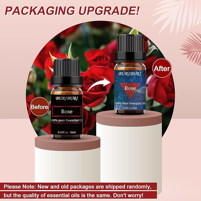 BURIBURI Rose Essential Oil for Diffuser, Massage, Soap, Candle, Perfume Making - 100% Pure, Undiluted, Natural, Organic Aromatherapy - 10ml - Romantic Rose Scented Oil for Women