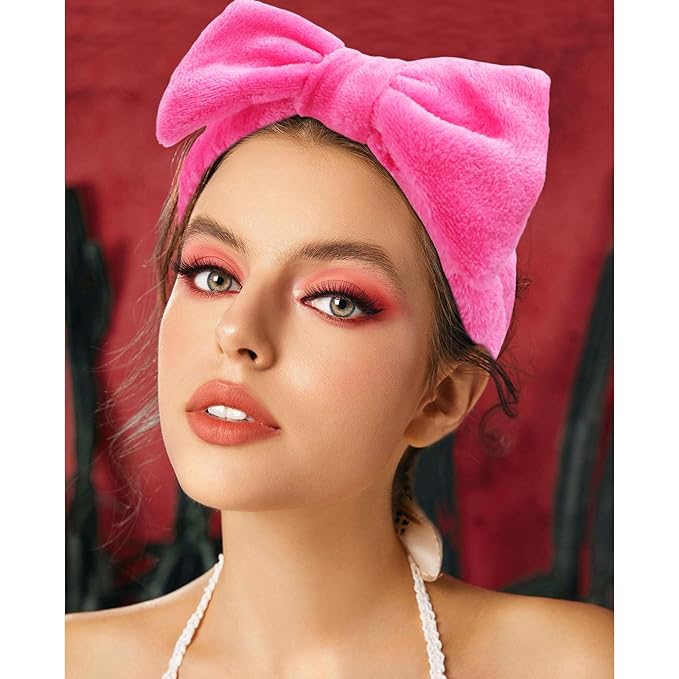 VELSCRUN Spa Headbands for Wash Face, Makeup Headband, Facial Skincare Headbands, 5 Pcs Hot Pink Puffy Sponge Spa Headband Bow Tie Hair Band Hair Clips Wristband Set Women Girls Accessories