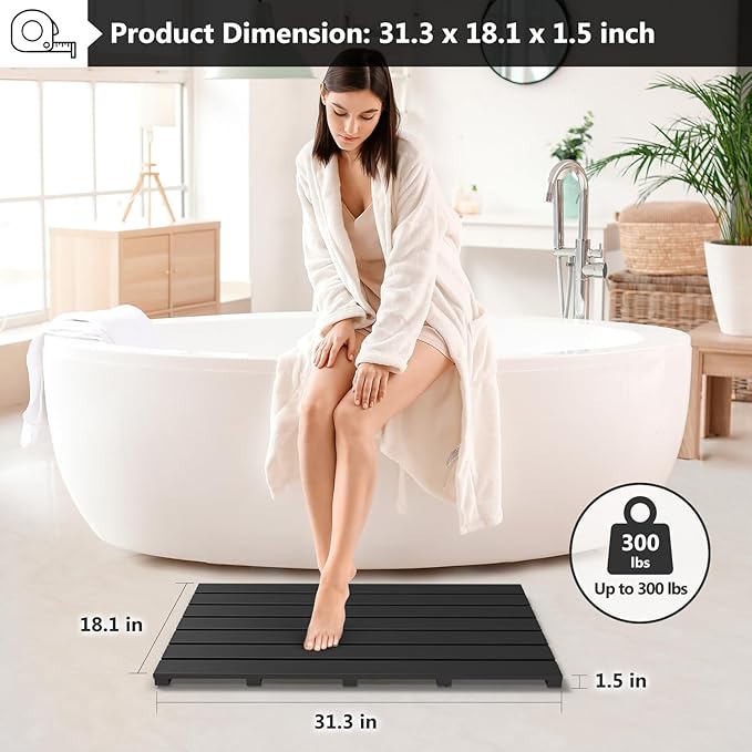 Domax Wooden Bamboo Bath Shower Mat- Non-Slip Waterproof Large Bathroom Floor Mat for Indoor Outdoor (Black, 31.3 x 18.1 x 1.5 Inches)