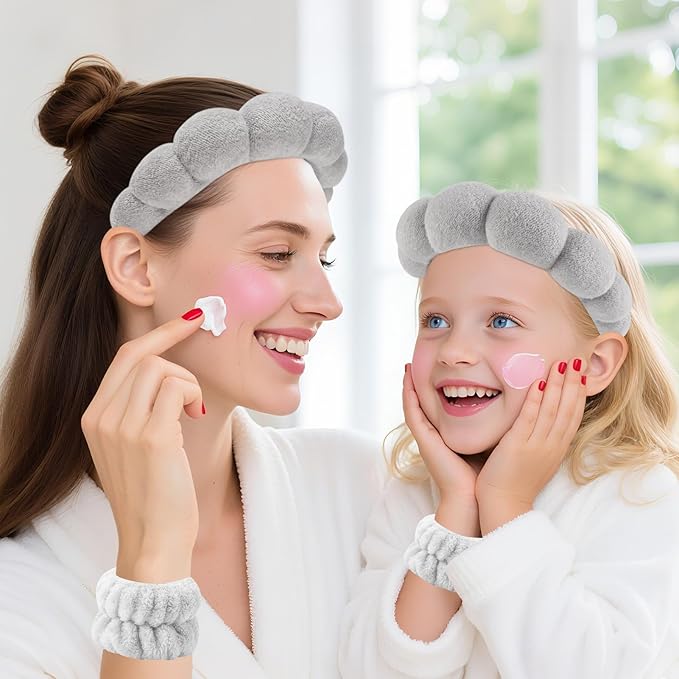 Zkptops Spa Headband for Washing Face Wristband Set Sponge Makeup Skincare Terry Cloth Bubble Soft Get Ready Hairband for Women Girl Puffy Padded Headwear Non Slip Thick Hair Accessory(Grey-2)