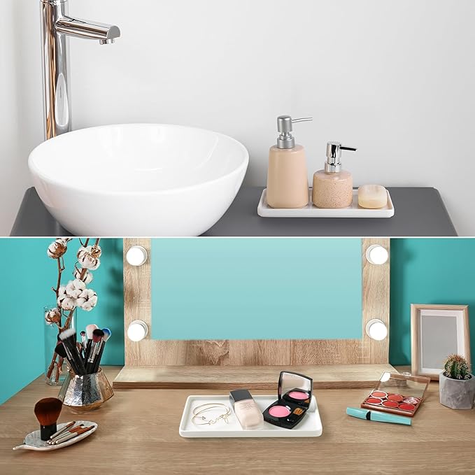 Gurygo 2 Pack 8"/10" Bathroom Trays, Ceramic Vanity Trays for Bathroom, Small Ceramic Tray, Kitchen Soap Tray for Kitchen Counter (White,Set/2)