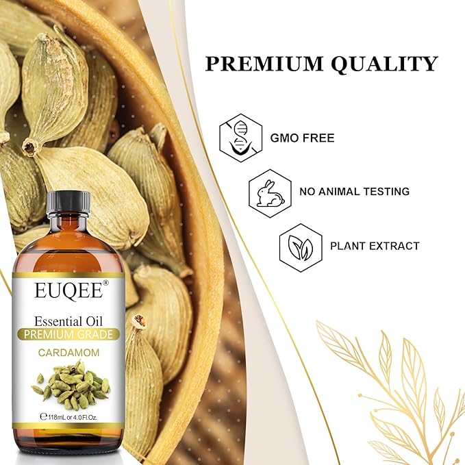 EUQEE Cardamon Essential Oil 118 ml Large Bottle Premium Cardamon Oil with Glass Dropper, Great for Diffusers, Candle & Soap Making-4oz