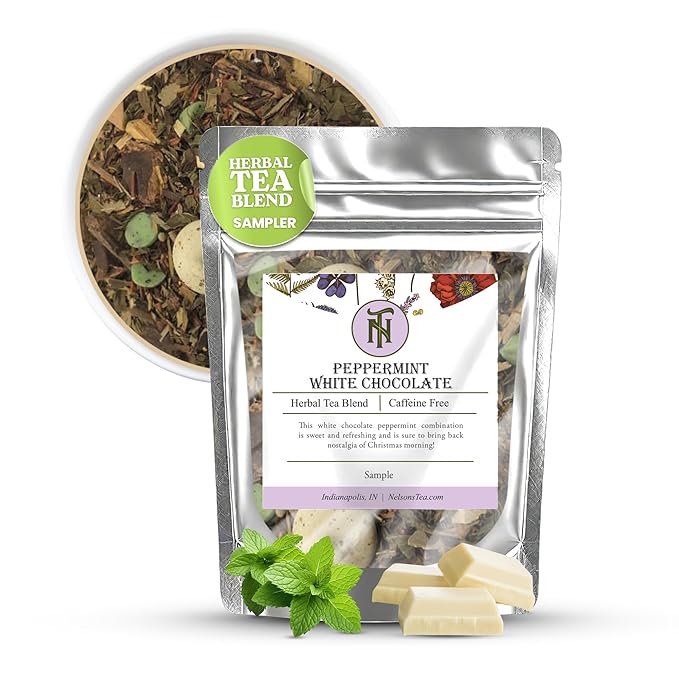 Nelson's Tea - Peppermint White Chocolate - Caffeine Free - Loose Leaf Tea with Green & Red Rooibos - White Chocolate Peppermint Tea (Sample 0.4 Oz)