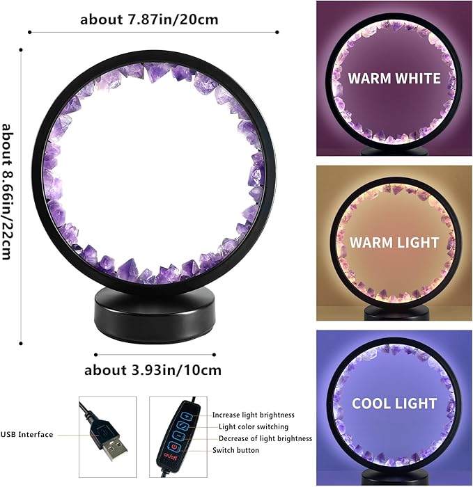 Amethyst Bedside Lamp,Healing Crystal Night Light,3-Colors Ambient Lighting USB Dimming Table Light,Natural Energy Decor for Bedroom Home Dating Gift
