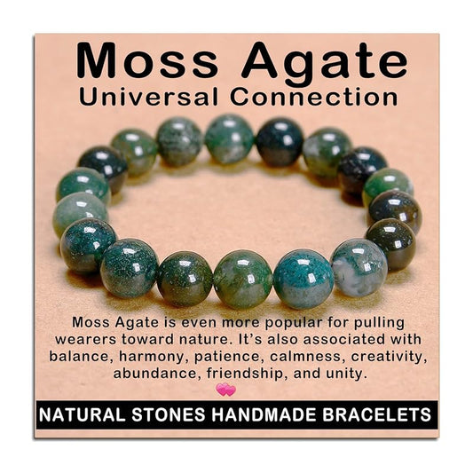 AD Beads Handmade Gemstone Stretch Elastic Bracelet Crystal Healing Reiki Nature's Beauty and Spiritual Essence Unisex (10mm, Moss Agate (Universal Connection))
