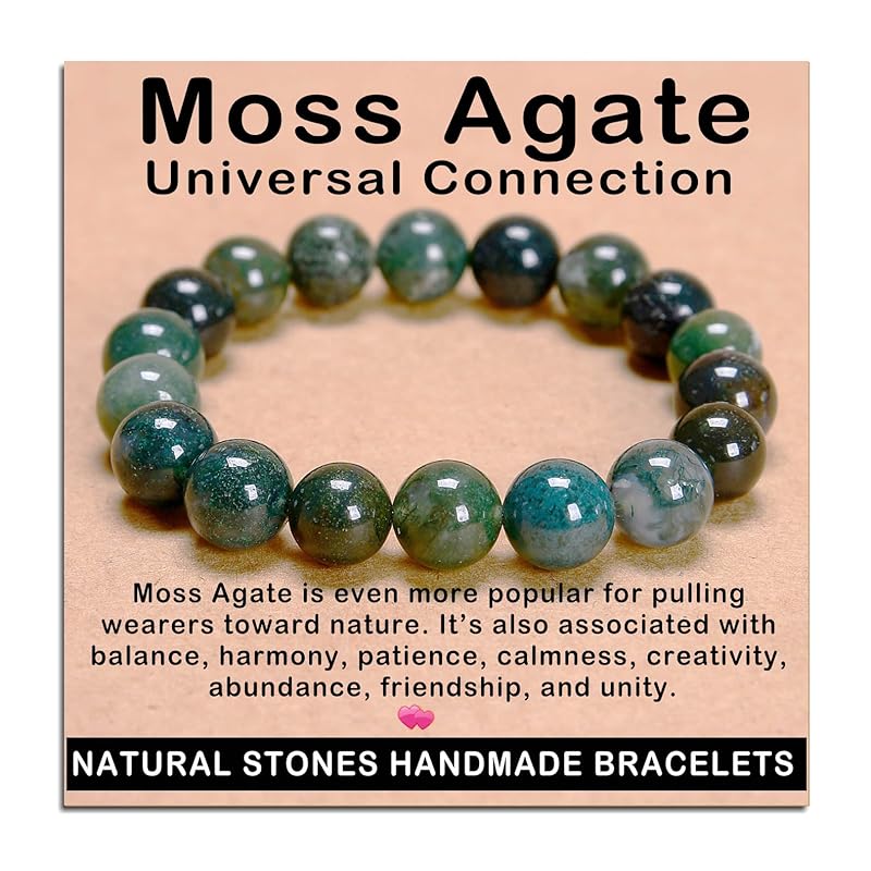 AD Beads Handmade Gemstone Stretch Elastic Bracelet Crystal Healing Reiki Nature's Beauty and Spiritual Essence Unisex (12mm, Moss Agate (Universal Connection))