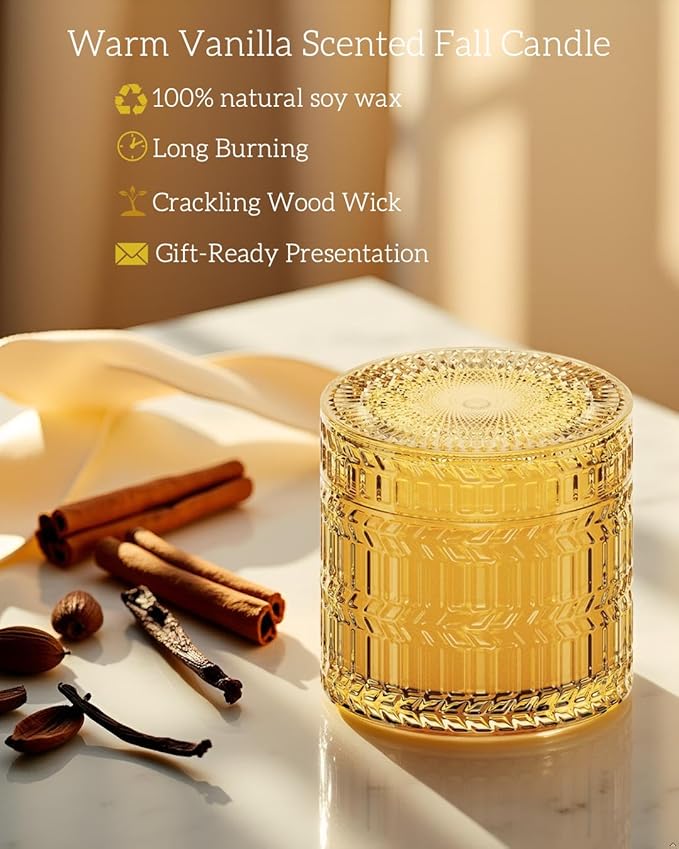 Fall Candles, Wild Warm Vanilla Scented, 7.4 oz, Crackling Wood Wick Candle for Home Scented, Natural Candles Non Toxic, Long Lasting-Clean Burn,Decorative Candle Gift for Women