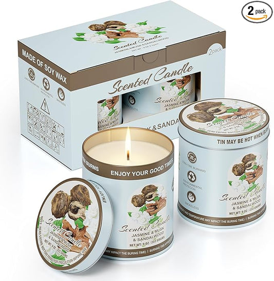 Luxury Jasmine&Musk&Sandalwood Scented Candles Set | 2 Pack,510g,8% Essential Oils,80H Burun | Clean Burning Smokeless Soy Wax for Aromatherapy, Meditation, Yoga | Relaxation Gift for Women & Men