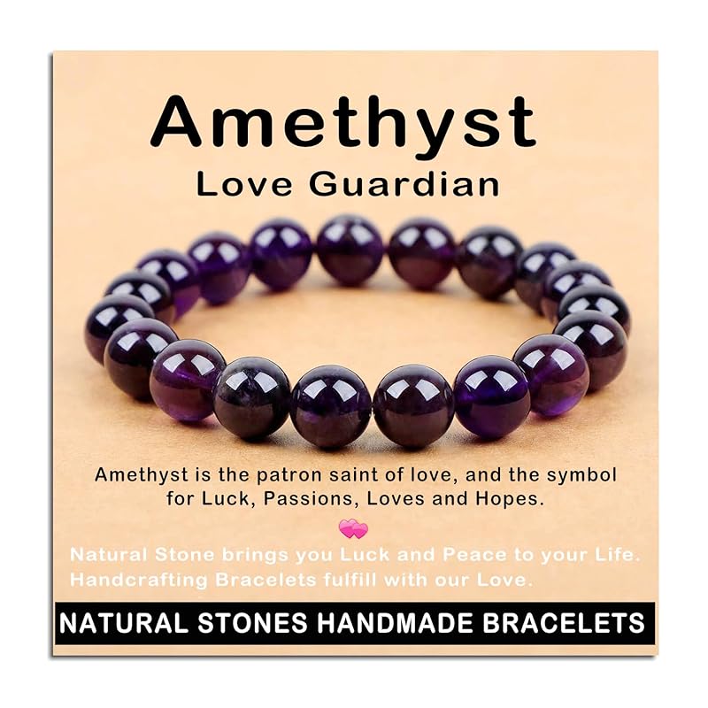 AD Beads Handmade Gemstone Stretch Elastic Bracelet Crystal Healing Reiki Nature's Beauty and Spiritual Essence Unisex (10mm, Amethyst (Love Guardian))