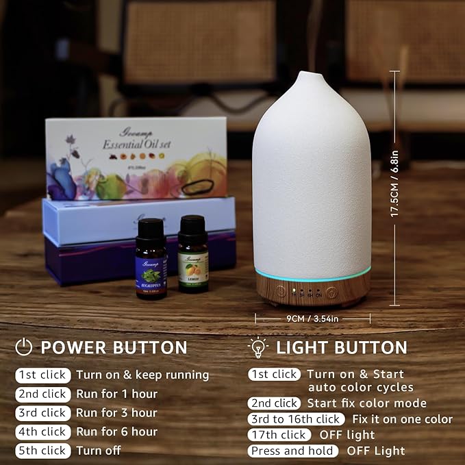 200ML Ceramic Essential Oil Diffuser - Ultrasonic Aromatherapy & Humidifier with 7-Color LED Lights, Auto Shut-Off, Wood Grain Base, 1H/3H/6H Timer | Scent for Home, Office, Yoga