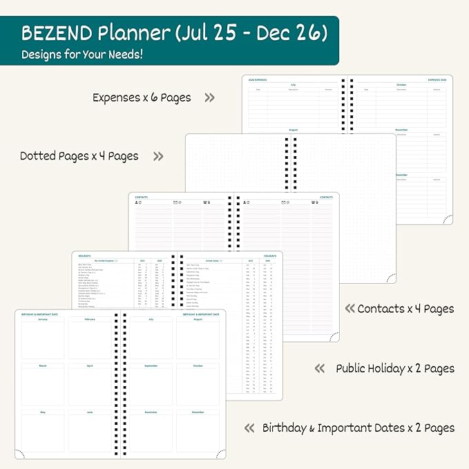 BEZEND 2026 Planner Weekly and Monthly (8.5" x 11"), Large 2-Column Calendar Book (Jul 25-Dec 26), Dual Schedule for Daily Appointment, Easy Track Tabs, Spiral, PU Leather Softcover, Dutch Blue