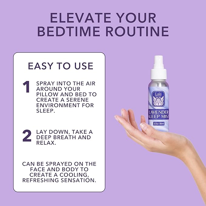 Laki Naturals Lavender Sleep Mist (2.7oz) | Hydrosol Body Spray w/Essential Oil | Natural Sleep Aid to Relax, Soothe and Calm The Mind & Senses