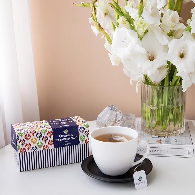 Octavius Tea Sampler Pack | 8 Assorted Black & Green Teas | 32 Teabags | Tea Sampler Variety Pack | Pack of 6 | Mothers Day Tea Gift Box