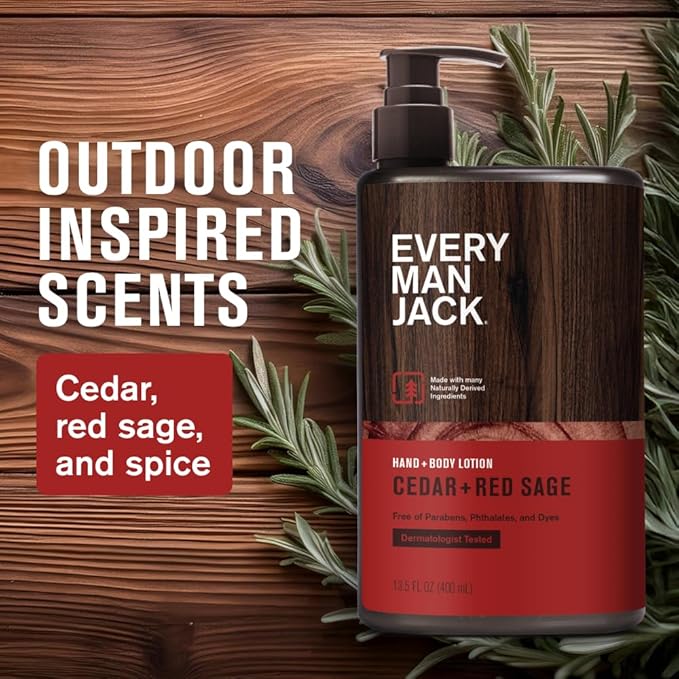 Every Man Jack Mens Cedar+ Red Sage Hand & Body Lotion for All Skin Types - Dermatologist Tested & Hypoallergenic - Nourish Skin with Lightweight Fast Absorbing Lotion - 13.5oz (2 Pack)