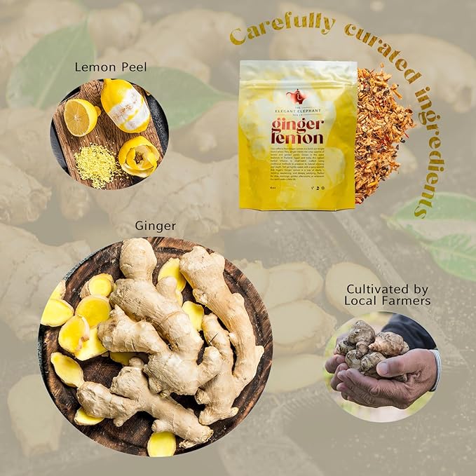 Ginger Lemon Tea, Loose Leaf Herbal Tea – Helps Reduce Nausea and Motion Sickness – Detox & Immunity Support – Drink Hot or Iced – 4 oz Resealable Bag (Makes 50 Cups) – The Elegant Elephant
