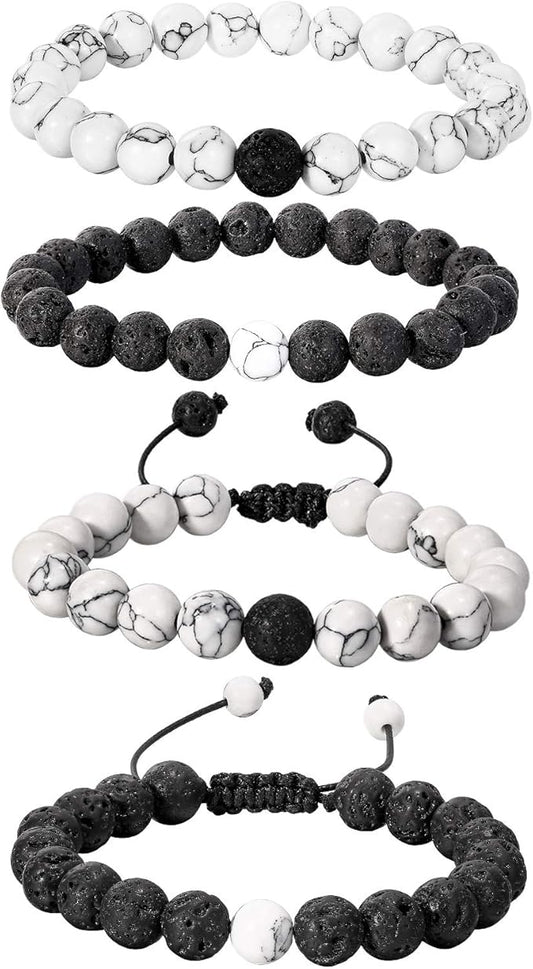 BBTO 4 Pieces Howlite Bracelet Lava Stone Black Matte Agate Essential Oil Diffuser Bracelet Set for Couples Gift