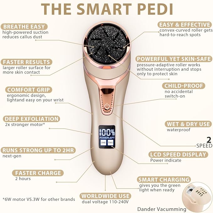 Callus Remover for Feet (with Dander Vacuum), Portable Pedicure Kit Foot File Callus Remover, Rechargeable Waterproof Foot File for Foot Care Deadskin Remover with 3Head&LCD Display, Gold