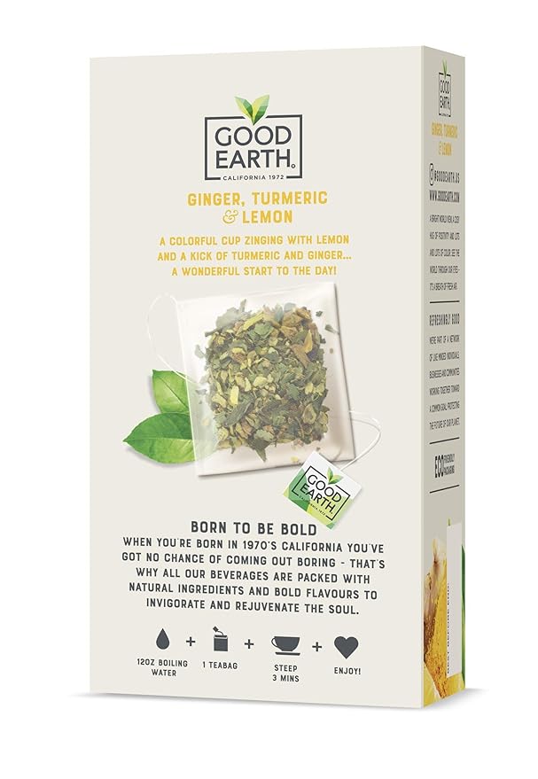 Good Earth Sensorial Blend Flavored Herbal Tea Ginger, Turmeric and Lemon, No Artificial Color, No Preservatives, 15 Bag (Pack of 5)