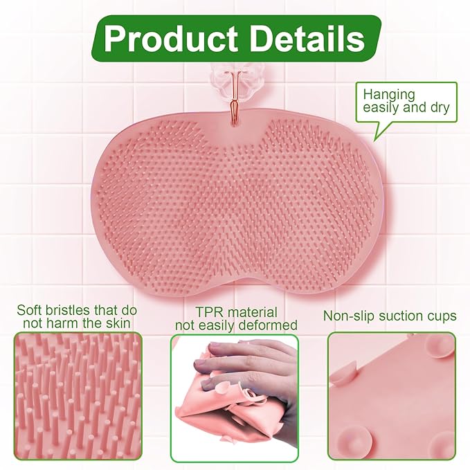Shower Foot Scrubber Mat with Non-Slip Suction Cups, Back Exfoliating Bath Wash Pad and Massager for Deep Cleaning and Relaxation, Wall Mounted Foot Scrubber Cleaner for Men and Women,Pink