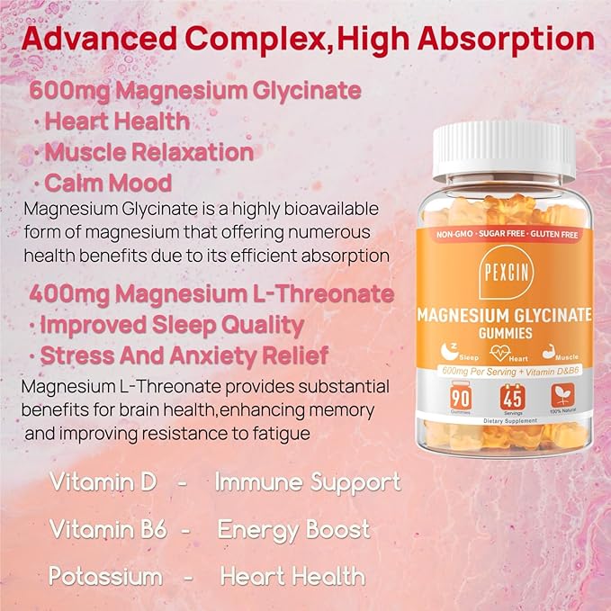 Magnesium Glycinate Gummies for Adults & Kids, 1000mg High Absorption Magnesium Complex Supplement, Sugar Free with Potassium,Vitamin D&B6 for Calm, Better Sleep - 90 Counts Orange