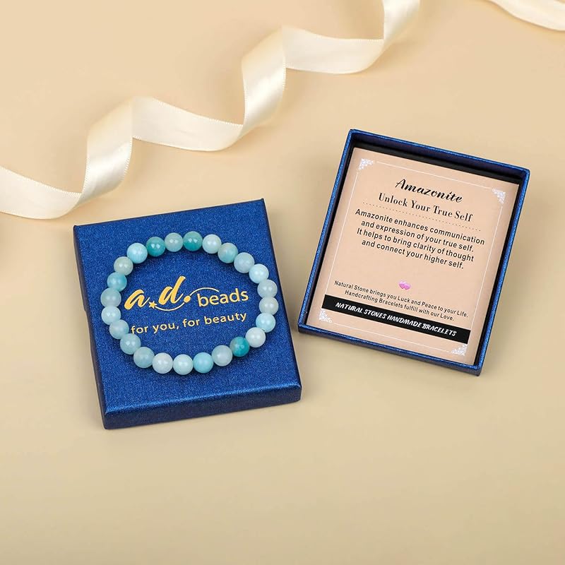 AD Beads Handmade Gemstone Stretch Elastic Bracelet Crystal Healing Reiki Nature's Beauty and Spiritual Essence Unisex (10mm, Amazonite (Unlock Your True Self))