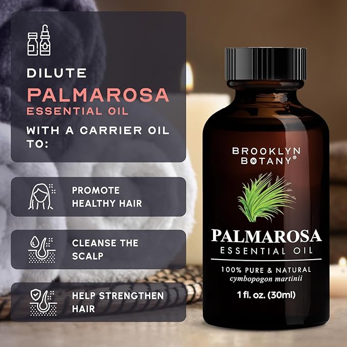 Brooklyn Botany Palmarosa Essential Oil - 100% Pure and Natural - Premium Grade Oil with Dropper - for Aromatherapy and Diffuser - 1 Fl Oz