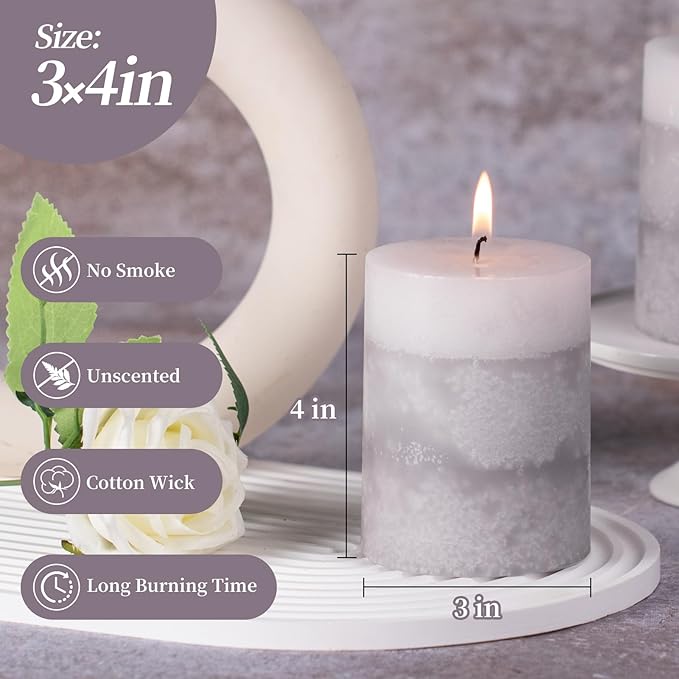 KONNI Gray Layered Pillar Candles Set of 3, 3"x 4" Unscented Pillar Candles Bulk, 39 Hours Long Burning Candles, Smokeless & Dripless Round Candle for Wedding, Home Decoration, Party, Spa, Dinner