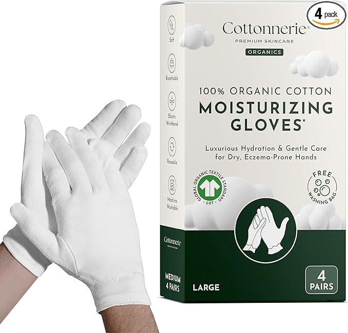 Cottonnerie Organic Cotton Gloves for Dry Hands Sleeping, Moisturizing Gloves Overnight, Hand Moisturizer Gloves, Moisture Gloves for Dry Hands Overnight, Sleeping Gloves, Large 4 Pairs