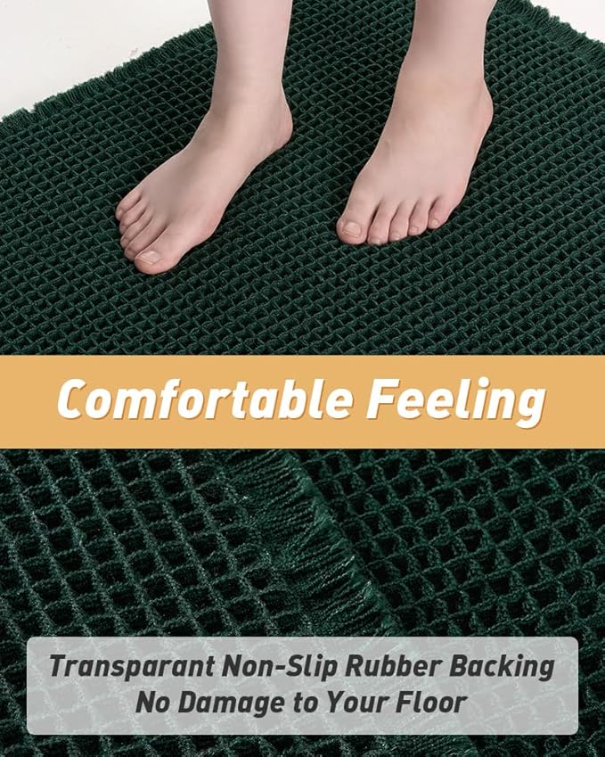 AMOAMI Upgraded Waffle Bath Mat, Super Absorbent Non Slip Bath Mats for Bathroom Floor, Machine Washable Bathroom Rugs with Tassels, Rubber Backed Bathroom Mats, Ultra Soft, 18" x 30", Dark Green