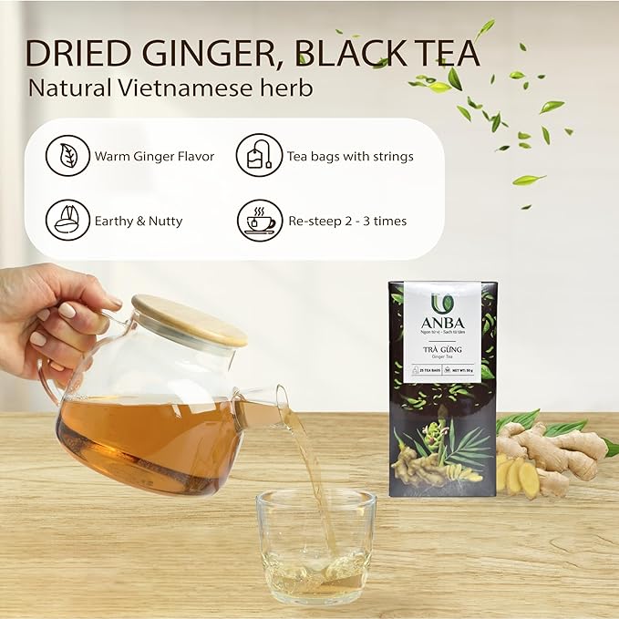 ANBA Ginger Black Tea Bags Fermented Tea Leaf, 25 Count | Bold & Rich Flavor | Warming Herbal Tea | Naturally Energizing | Handpicked Ingredients | No Sugar Added | ISO HACCP Certified