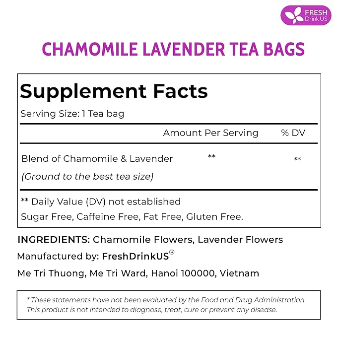 FreshDrinkUS, Premium 135 Chamomile Lavender Tea Bags, 100% Natural Herbal Ingredients, Hand-made Blend of Chamomile Lavender Flowers, Eco-conscious Tea Bags. No Sugar, No Caffeine, No Gluten, Vegan.
