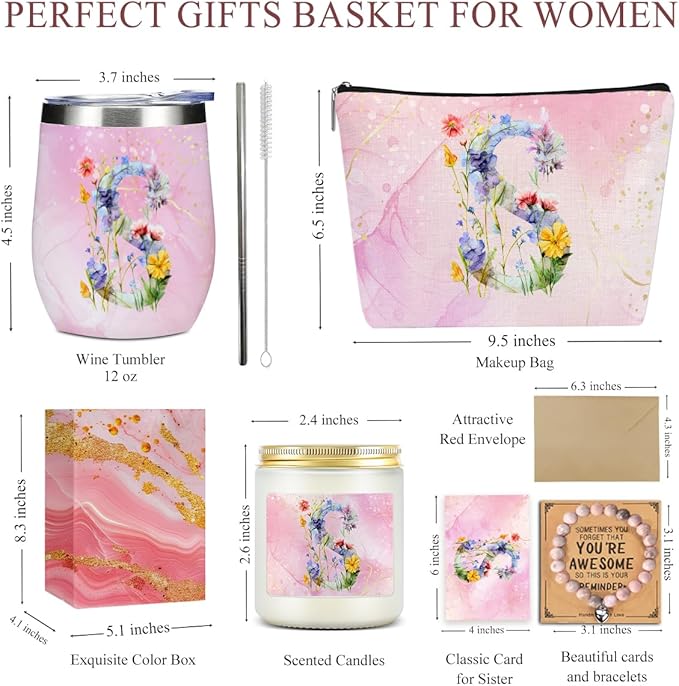 Personalized Gifts Monogrammed Birthday Gifts for Women, New Mom, Grandma Valentine's Day Thank You Christmas, Initial Wine Tumbler Makeup Bag Scented Candle Bracelet Set, (Aesthetic Pink Flower S)