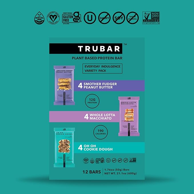 TRUBAR Vegan Protein Bar Variety Pack, Assorted Flavors, Peanut Butter, Macchiato, Cookie Dough, Gluten Free, Vegan Protein Snacks, 12G Plant-Based Protein, High Fiber, Healthy Protein Bars, 12 CT