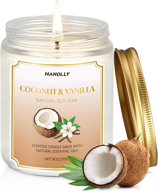 Coconut Vanilla Candle, 9 oz Scented Candles for Home Soy Candle Wax, Long Lasting Aromatherapy Candle Gift for Women Men, Birthday Christmas Gifts, Perfect for Creating a Warm Ambiance