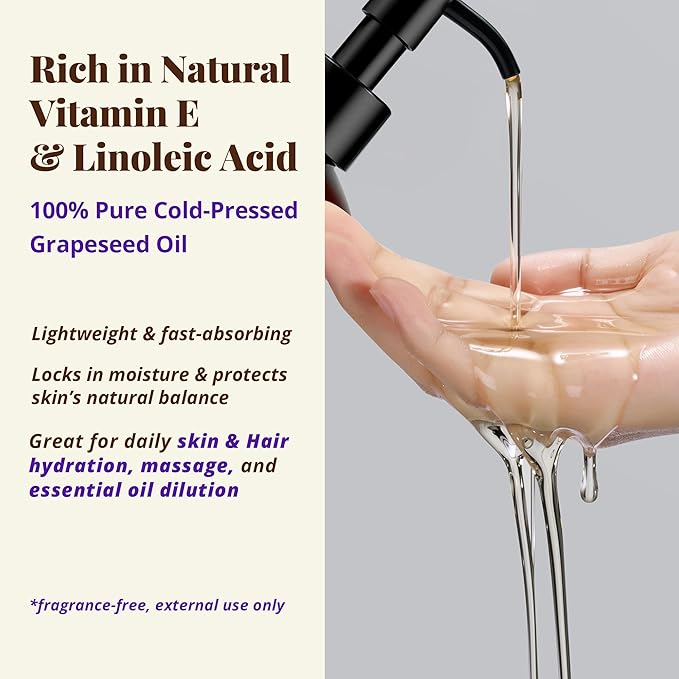100% Pure Grapeseed Oil – Cold-Pressed, Unscented, Lightweight Natural Oil for Skin, Hair, Face & Body, Premium Quality Moisturizer for Massage & Aromatherapy, 8 fl oz / 236ml
