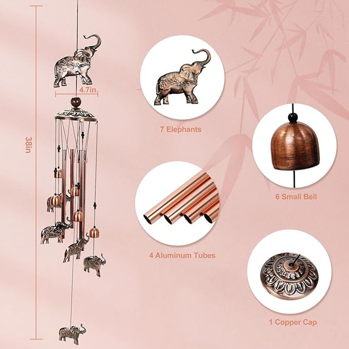 Copper Tone Animal Wind Chimes for Outdoors/Indoors - Elephant Designs - Garden, Patio, Yard, Home Decor, for Women, Men, Mom, Birthday, Memorial, Housewarming (Elephant)